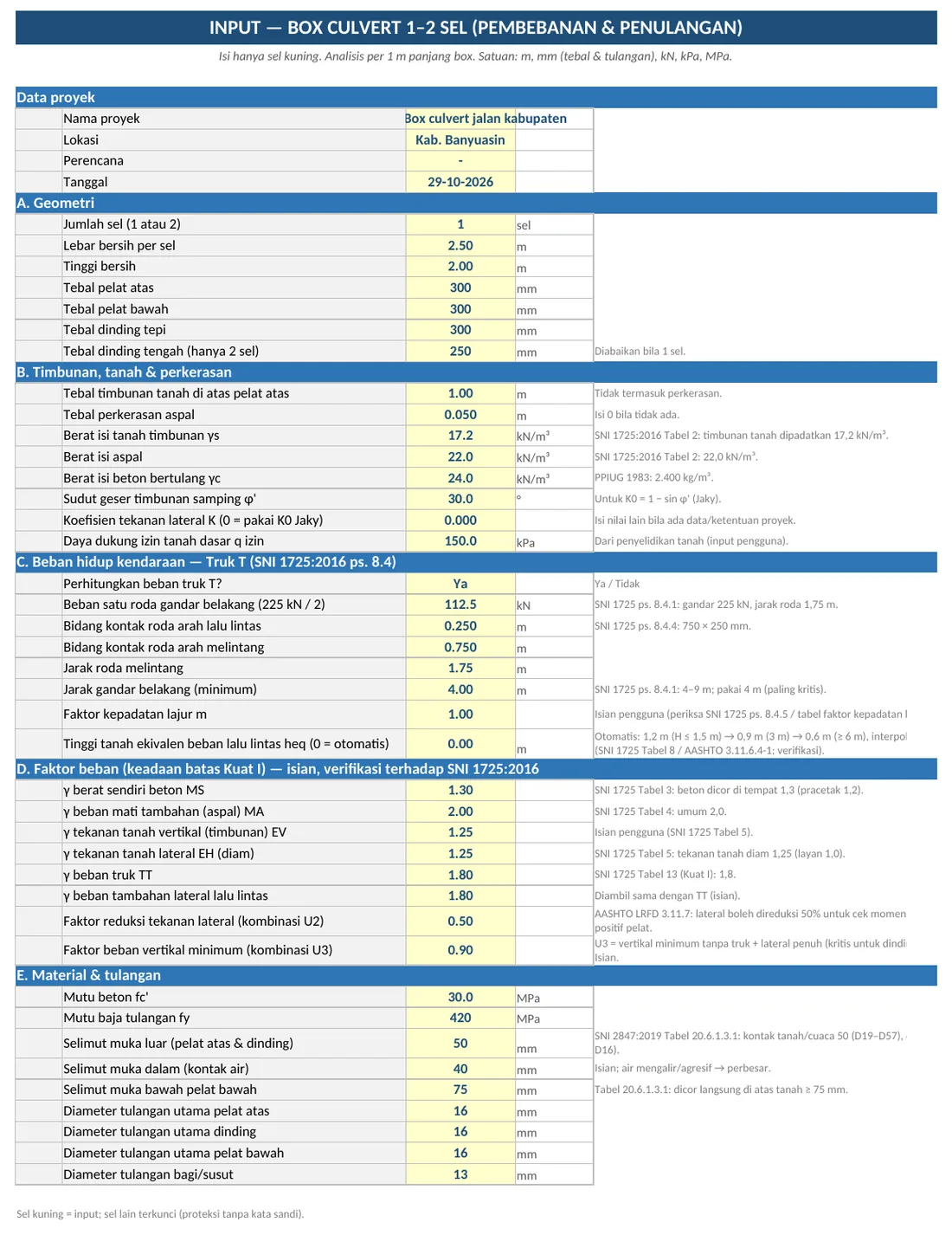 Sheet INPUT template box culvert: dimensi sel, timbunan, beban, dan material (contoh)