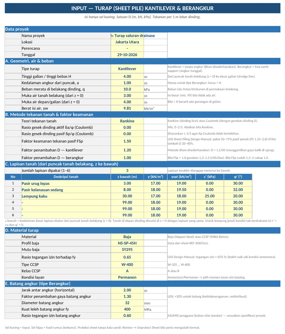 Sheet INPUT template sheet pile: lapisan tanah, MAT, surcharge, dan tipe turap (contoh)
