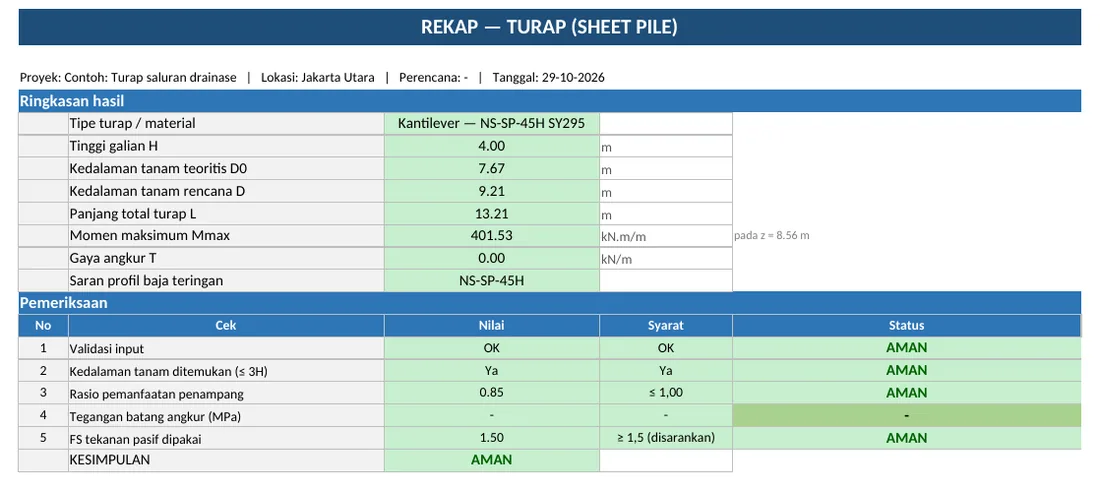 Sheet REKAP: ringkasan hasil desain turap dan cek profil (contoh)