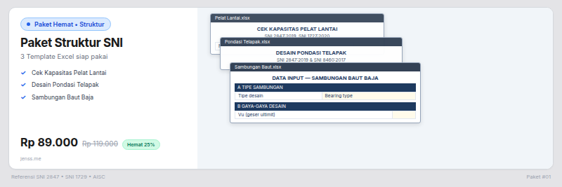 Paket tiga template Excel struktur SNI: pelat lantai, pondasi telapak, dan sambungan baut baja